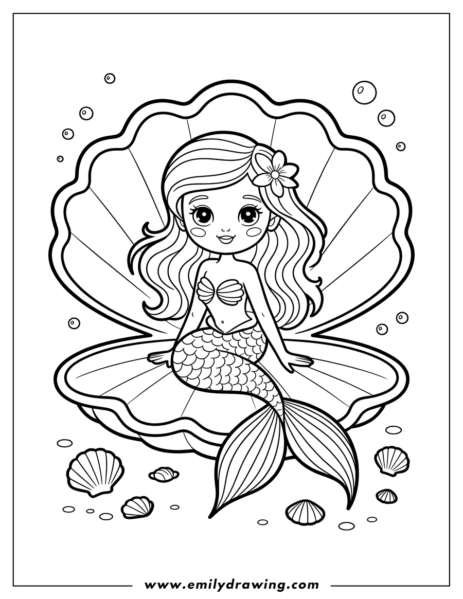 Outline of a mermaid with a flower in her hair, sitting in a large clam shell. Smaller shells and bubbles surround her.