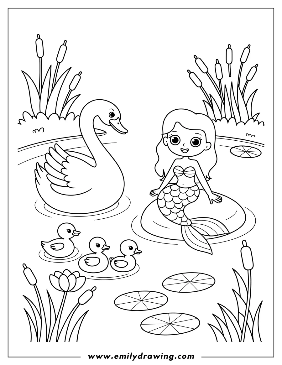 Outline of a mermaid sitting on a lily pad in a pond with a swan and ducklings, surrounded by cattails and lily pads.