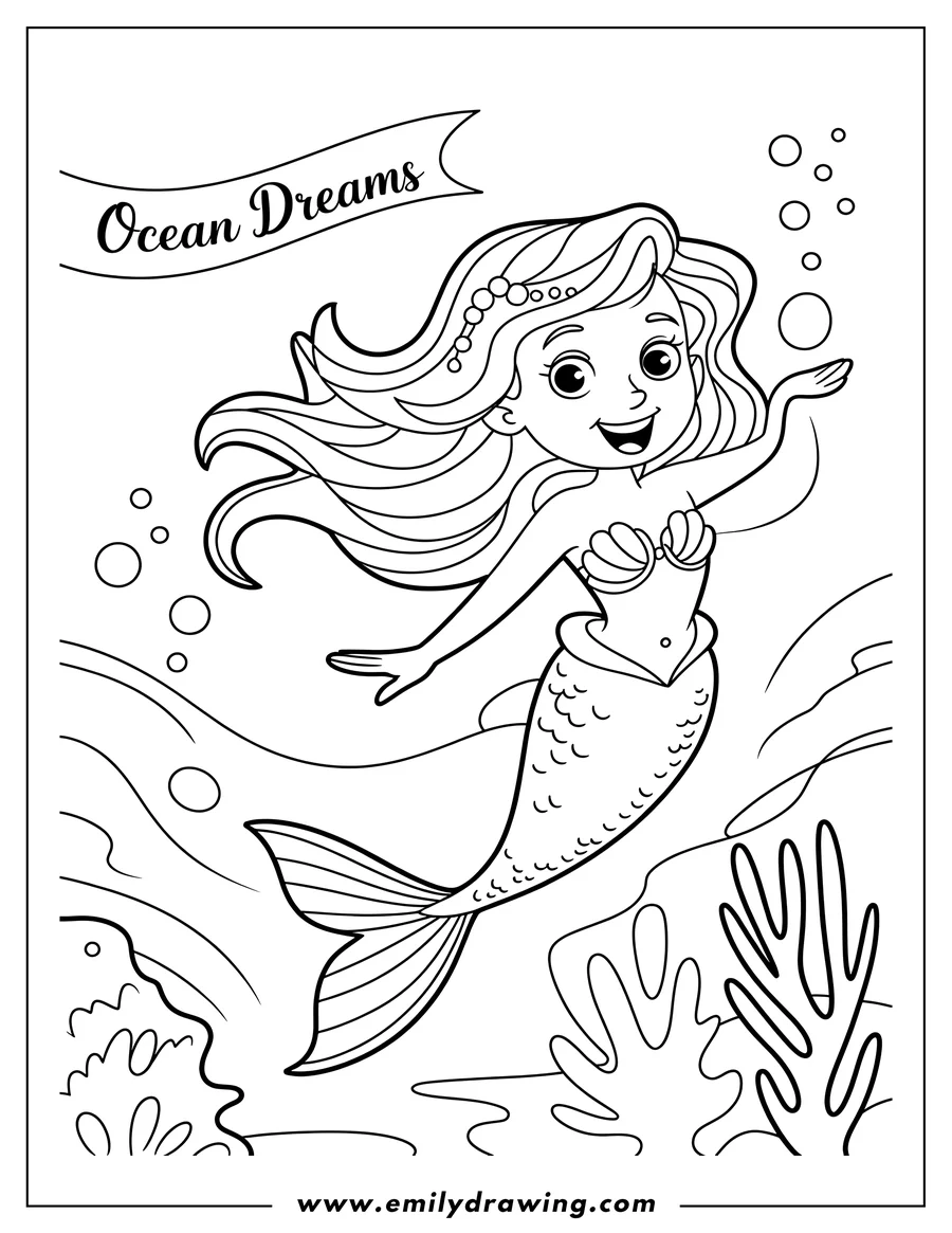 Outline of a mermaid swimming gracefully underwater, surrounded by bubbles and seaweed.