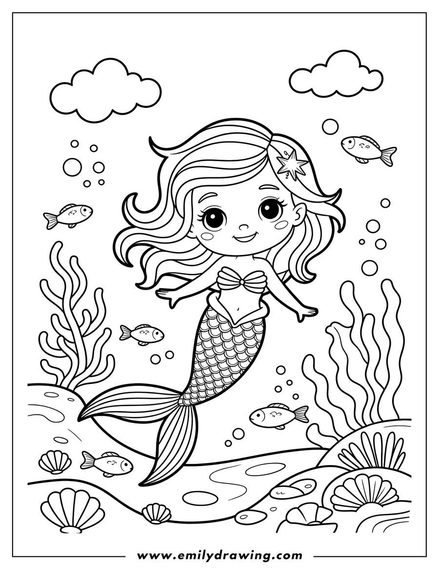 Outline of a smiling mermaid swimming underwater surrounded by fish, seaweed, and seashells.