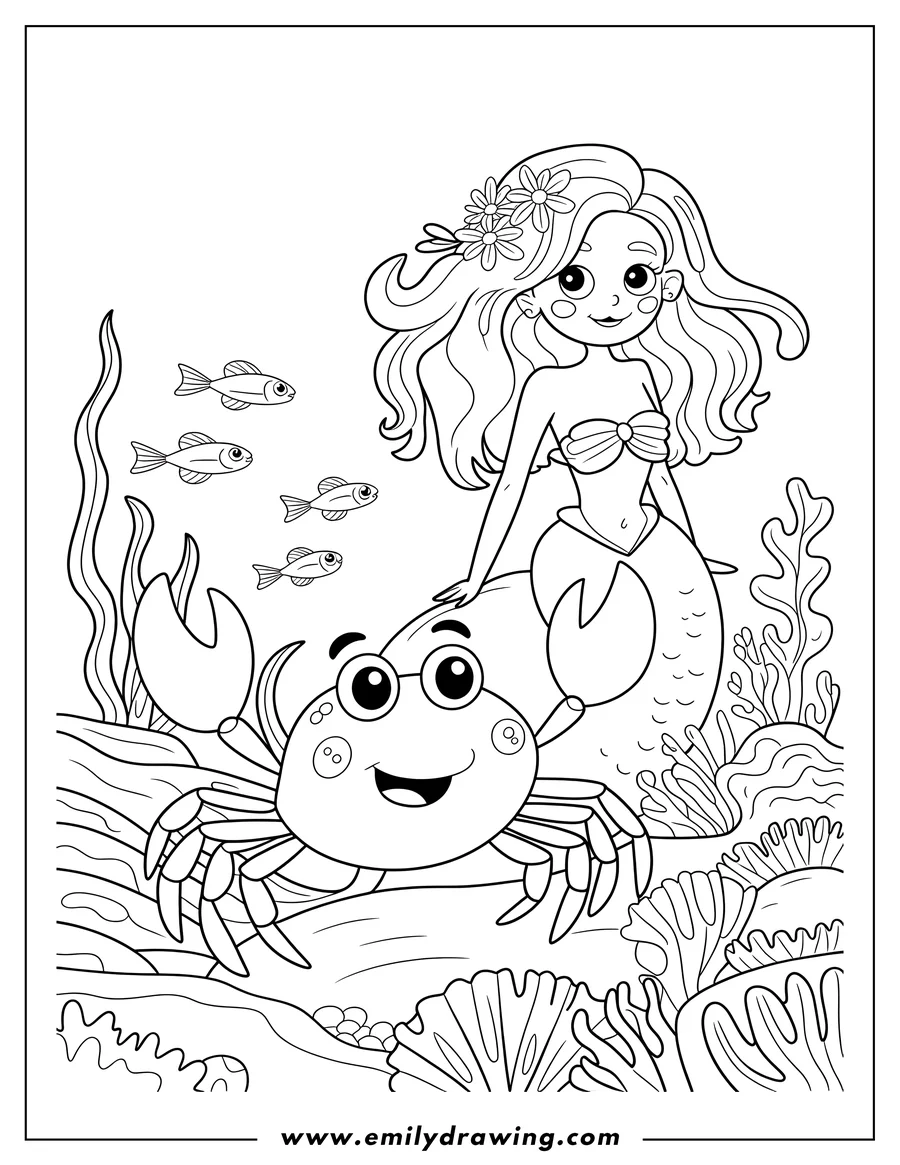 Line art of a mermaid with flowers in her hair, next to a smiling crab on the ocean floor. Several small fish swim near some seaweed in the background.