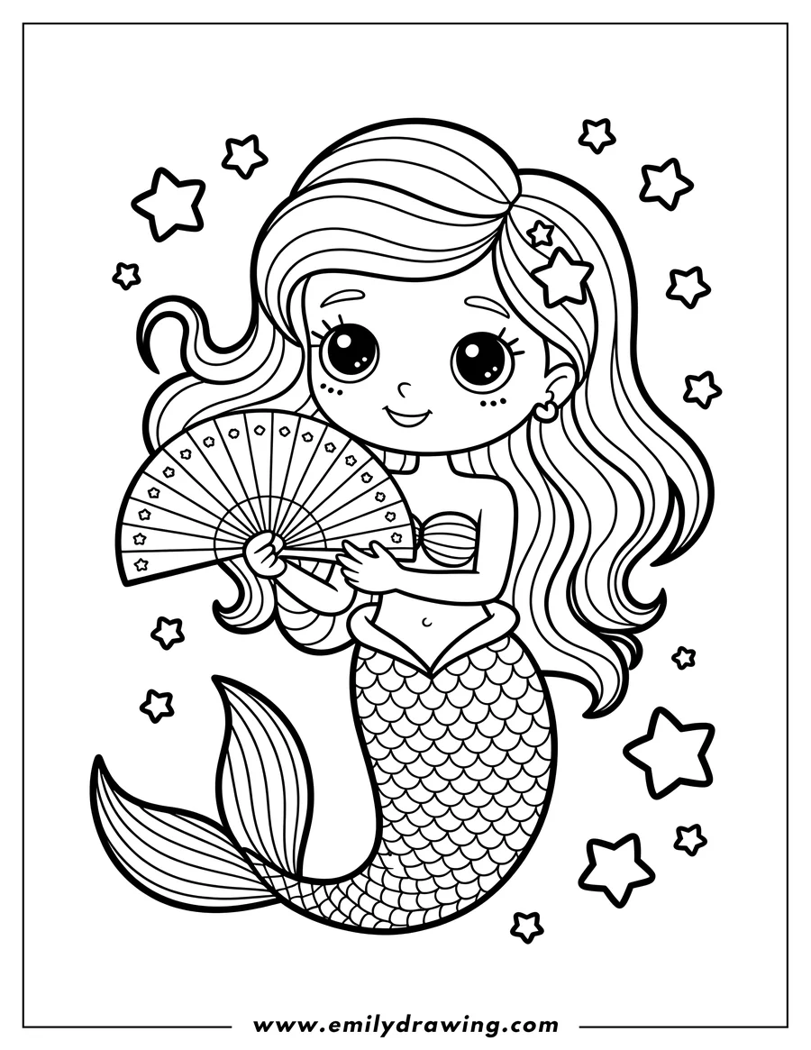 Outline of a mermaid holding a decorated fan, surrounded by stars.