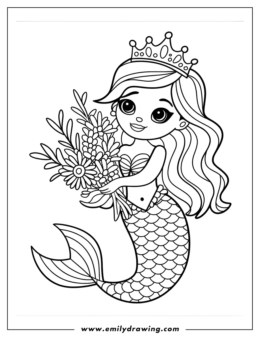 Outline of a mermaid holding a bouquet of flowers. She's wearing a crown.