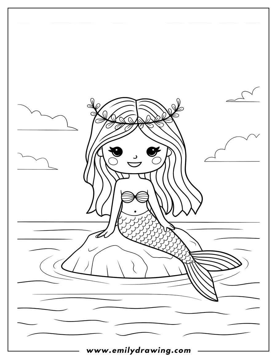 Outline of a mermaid with a leaf crown sitting on a rock in the water.