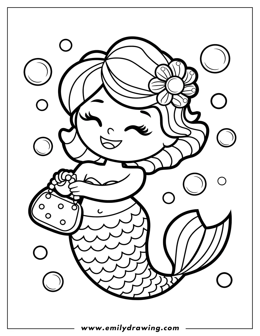Outline of a mermaid holding a purse with bubbles floating around her.