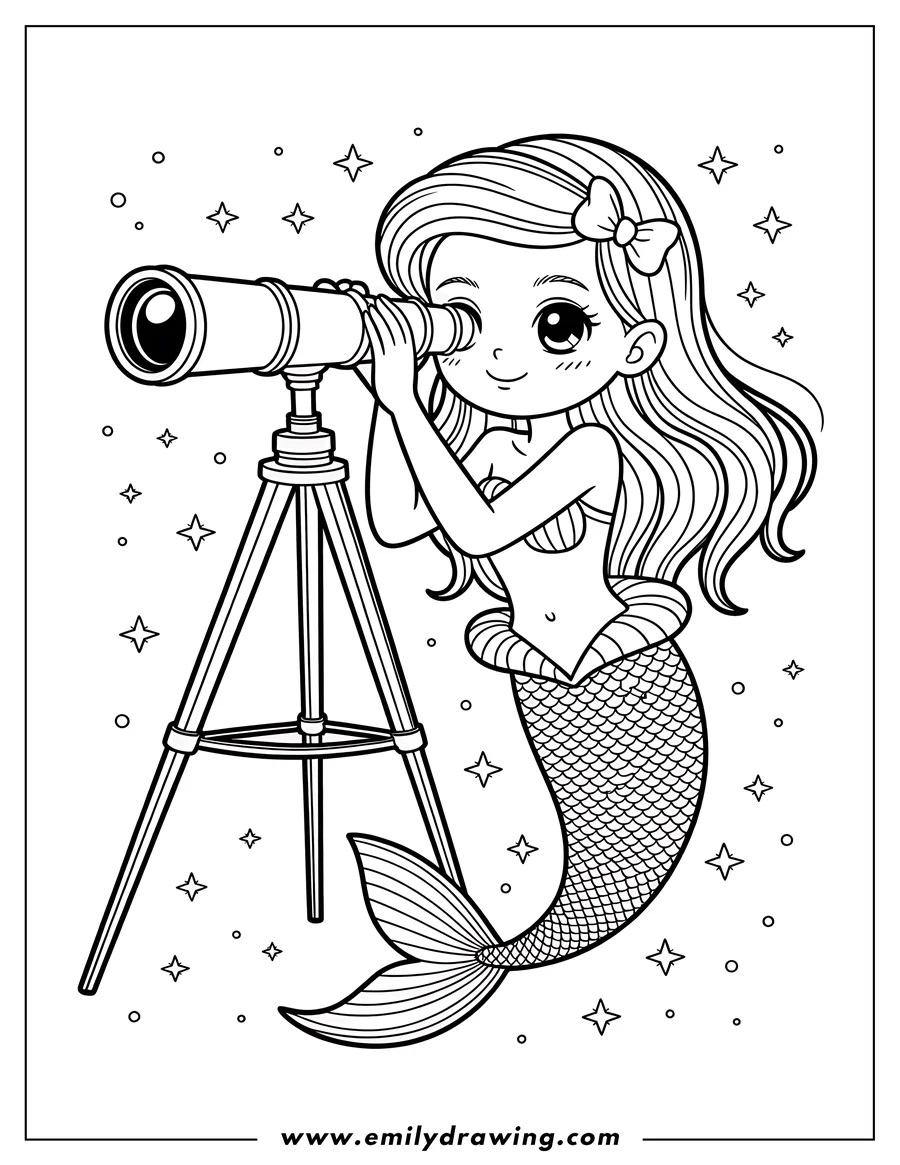 Outline of a mermaid looking through a telescope, surrounded by stars.