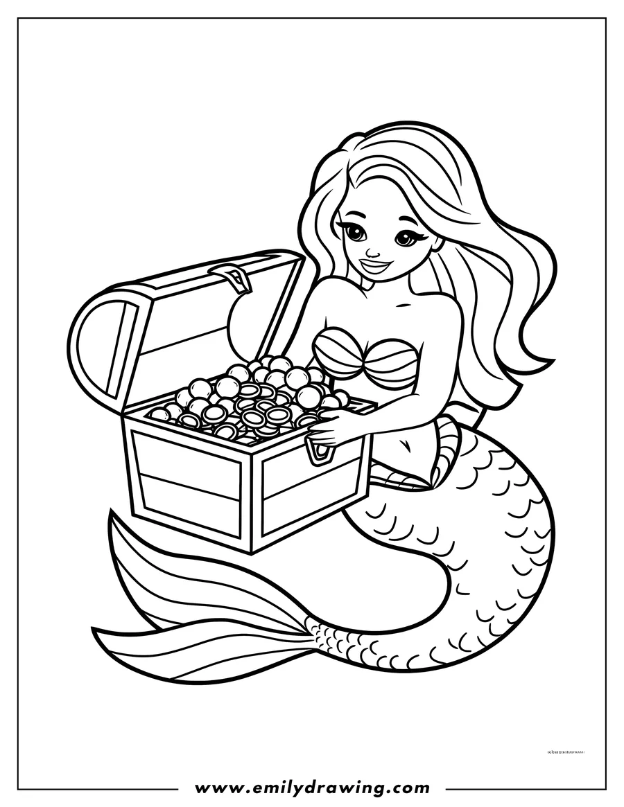 Line art of a smiling mermaid holding a treasure chest overflowing with pearls and gold coins.