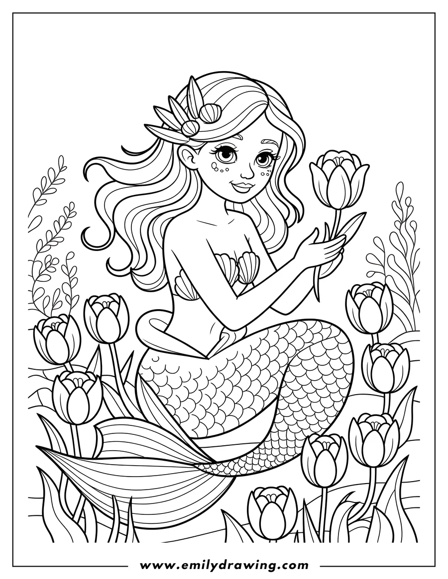Line art of a mermaid sitting among tulips. She holds a tulip in her hands and has seashells adorning her hair.