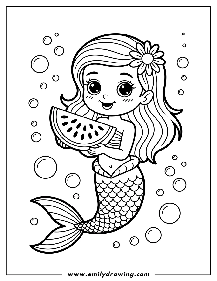 Outline of a mermaid holding a slice of watermelon, surrounded by bubbles.