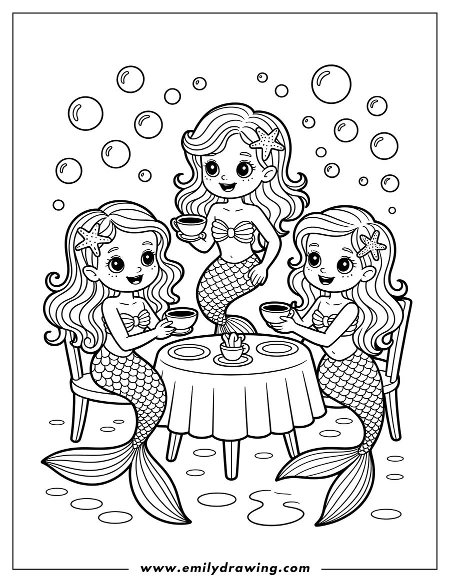 Outline of three mermaids sitting at a table, each holding a teacup, enjoying a tea party under the sea with bubbles floating around them.