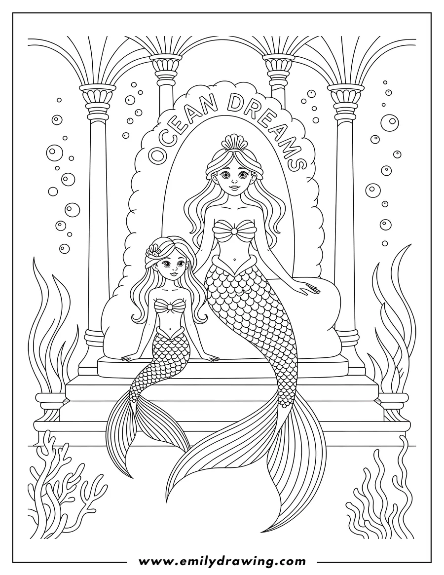 Outline of two mermaids, one adult and one child, sitting on a stepped platform within an underwater palace. The background features pillars, seaweed, and bubbles.