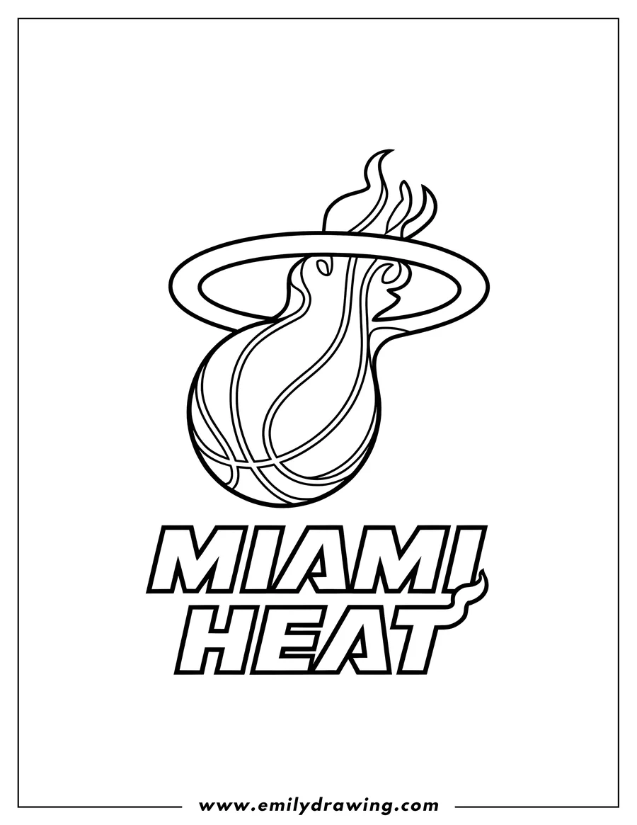 Line art of the Miami Heat basketball logo. It shows a basketball with flames and the team name below.