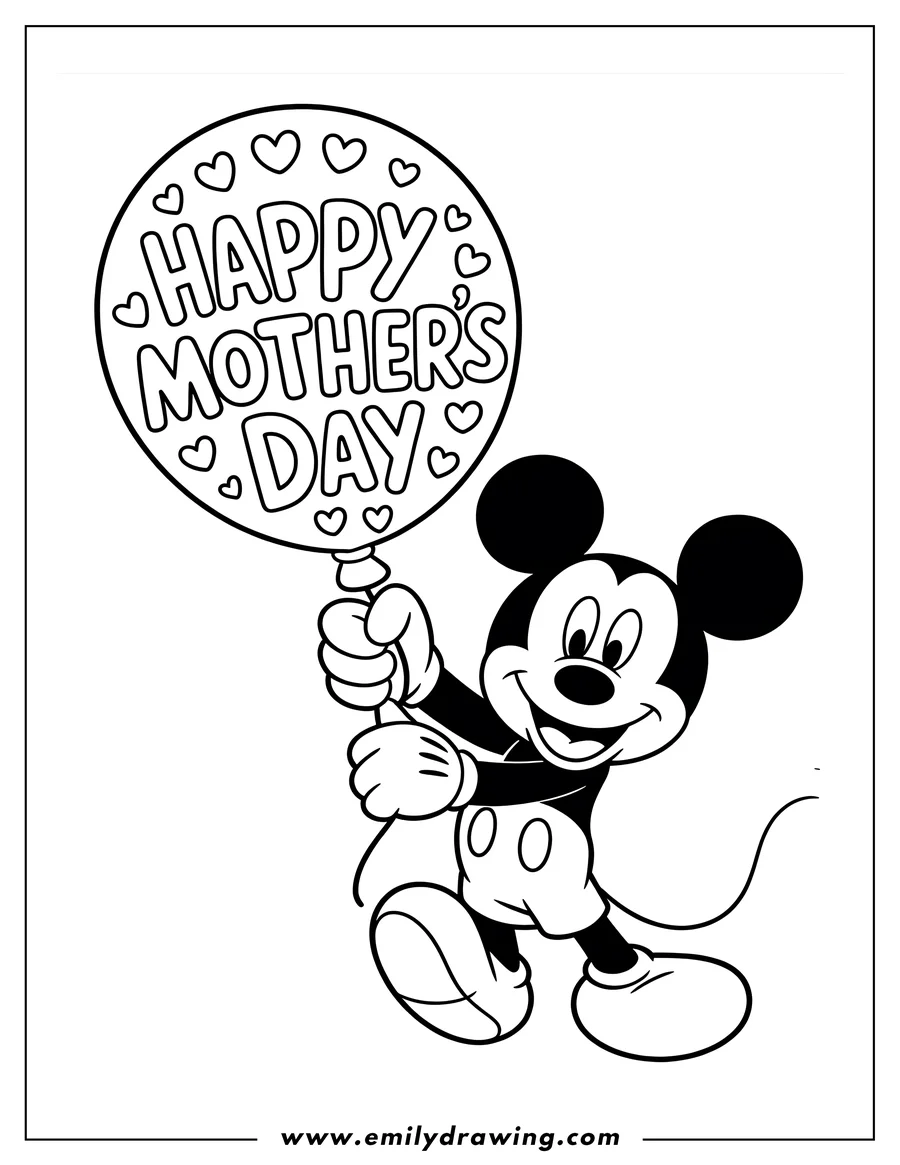 Line art of Mickey Mouse holding a balloon that says