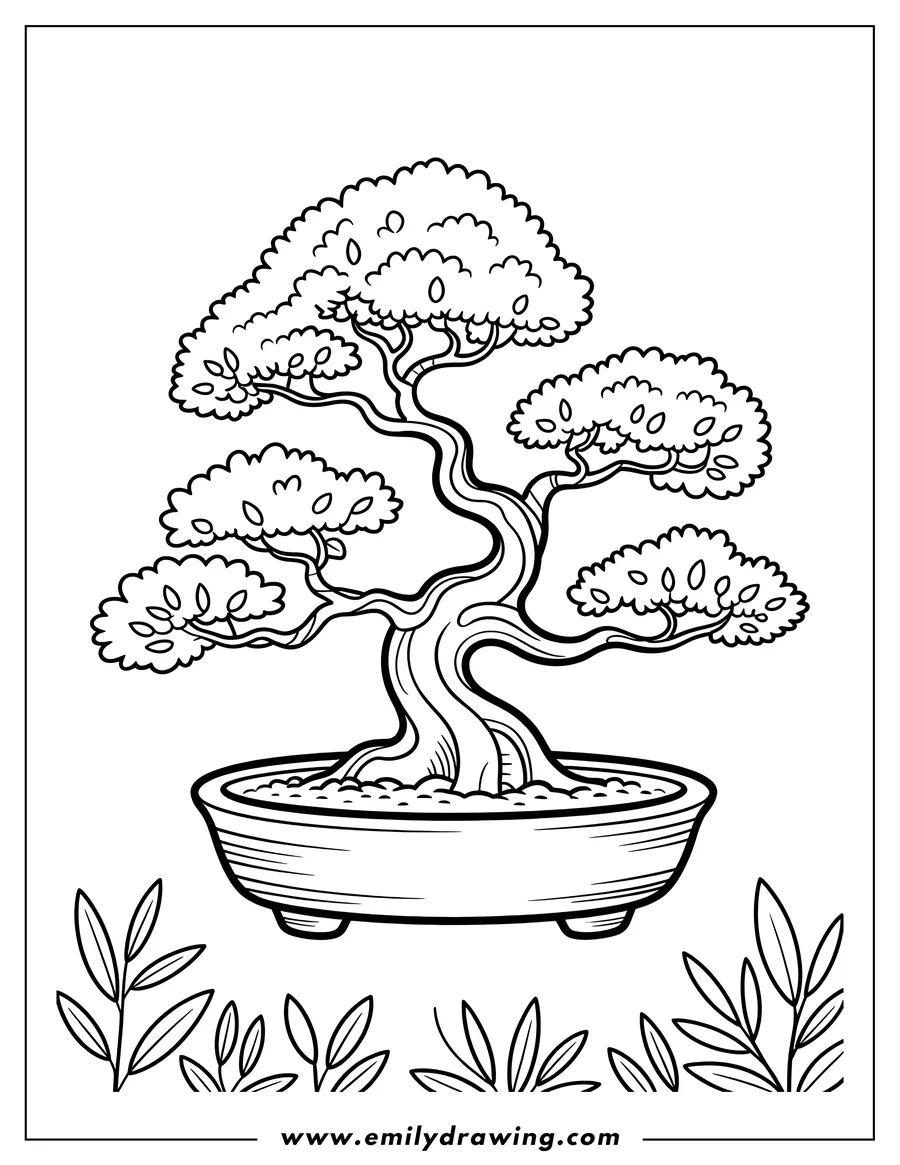 Outline of a miniature bonsai tree in a shallow pot, with simple leaves and a twisted trunk.