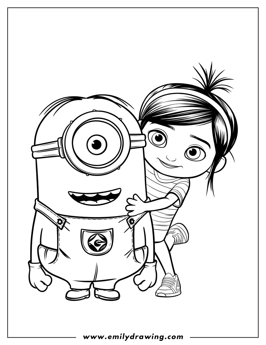 Line art of Agnes hugging a one-eyed Minion. Agnes wears a striped shirt and sneakers.  The Minion wears its signature overalls.