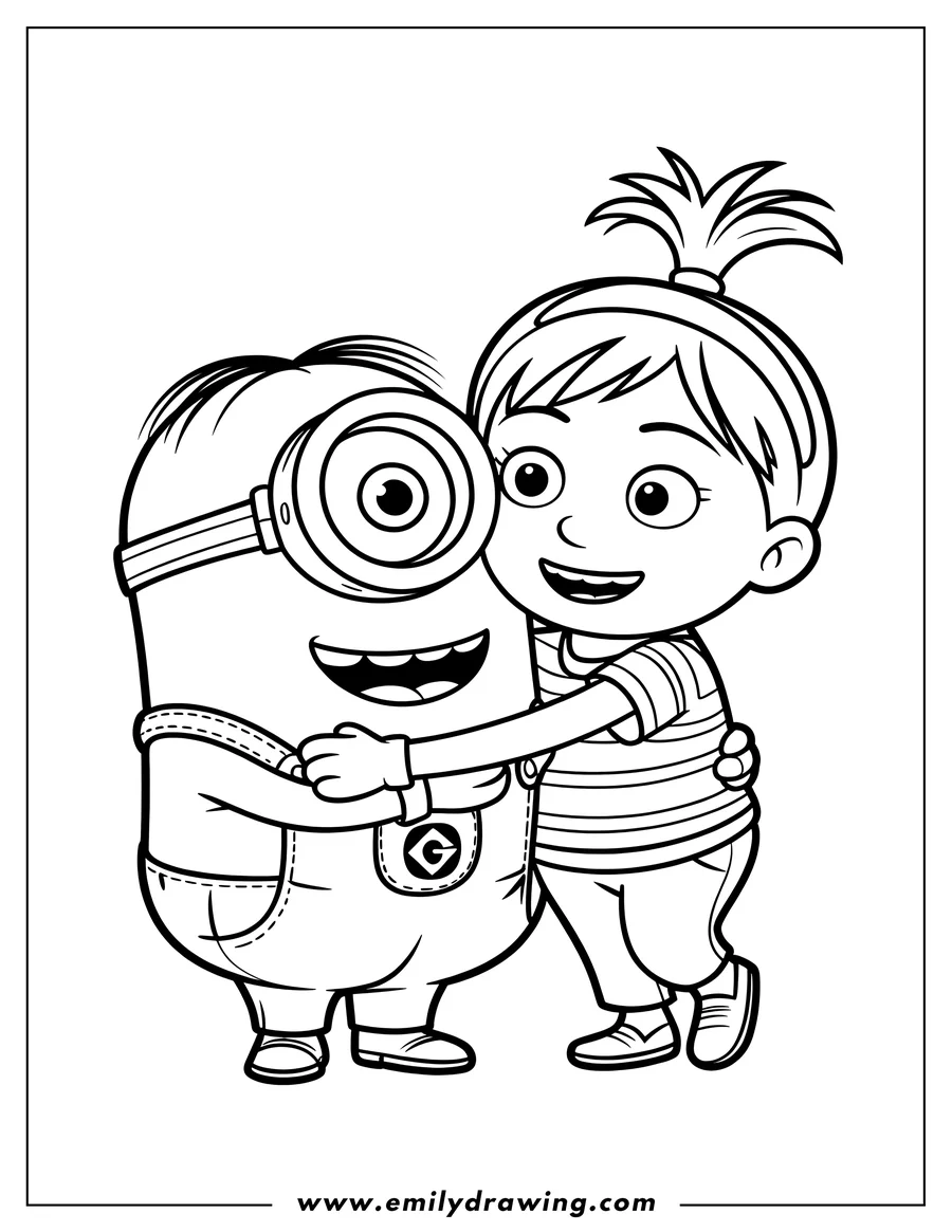 Outline of a girl and a Minion hugging. The girl has her hair tied up in a small ponytail, and the Minion is wearing its signature overalls.