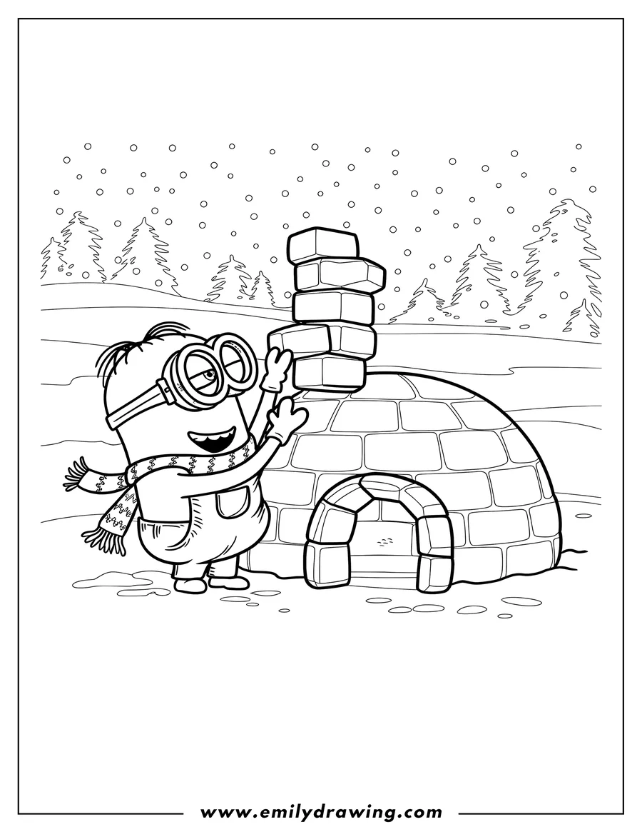 Outline of a minion building an igloo in a snowy landscape. The minion wears a scarf and is placing a block of ice onto the igloo structure.