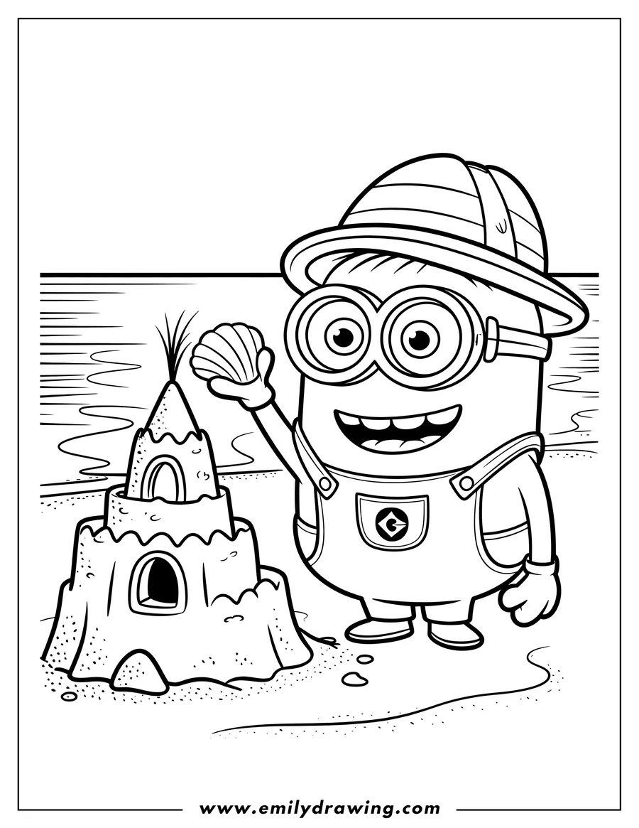 Line art of a Minion building a sandcastle on the beach, holding up a seashell.