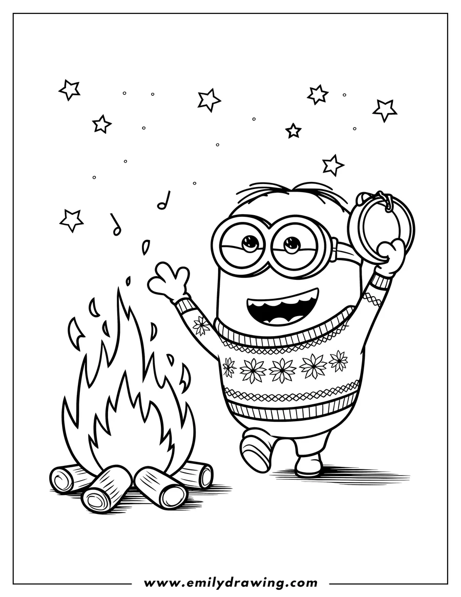 Line art of a minion wearing a patterned sweater, dancing near a campfire with a cymbal under a starry sky.