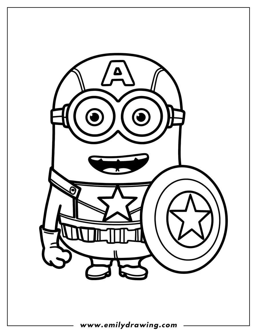 Line art of a minion dressed as Captain America, complete with the signature helmet and shield.