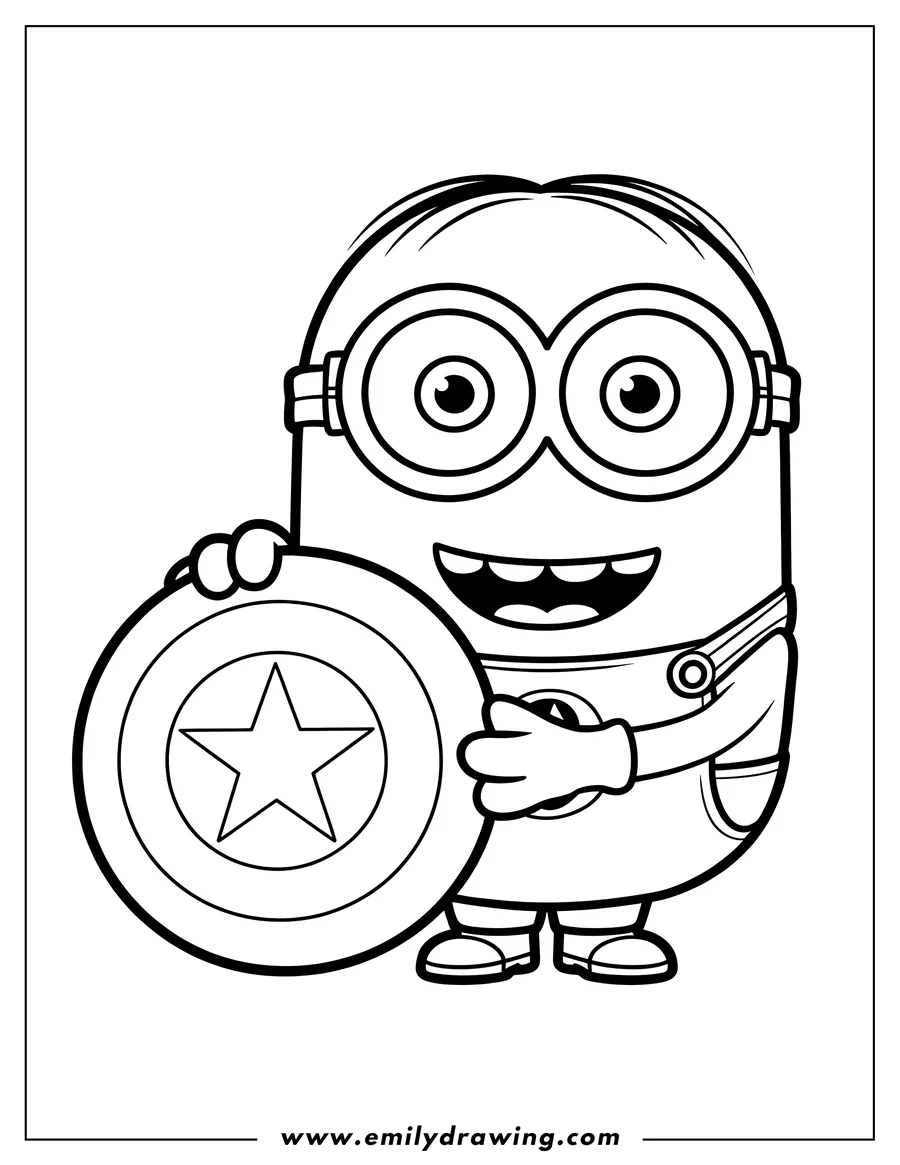Line art of a minion holding Captain America's shield, smiling brightly.