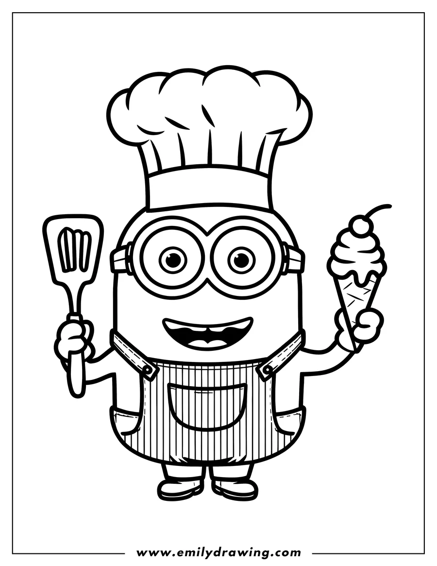 Line art of a minion dressed as a chef, holding a spatula and an ice cream cone.