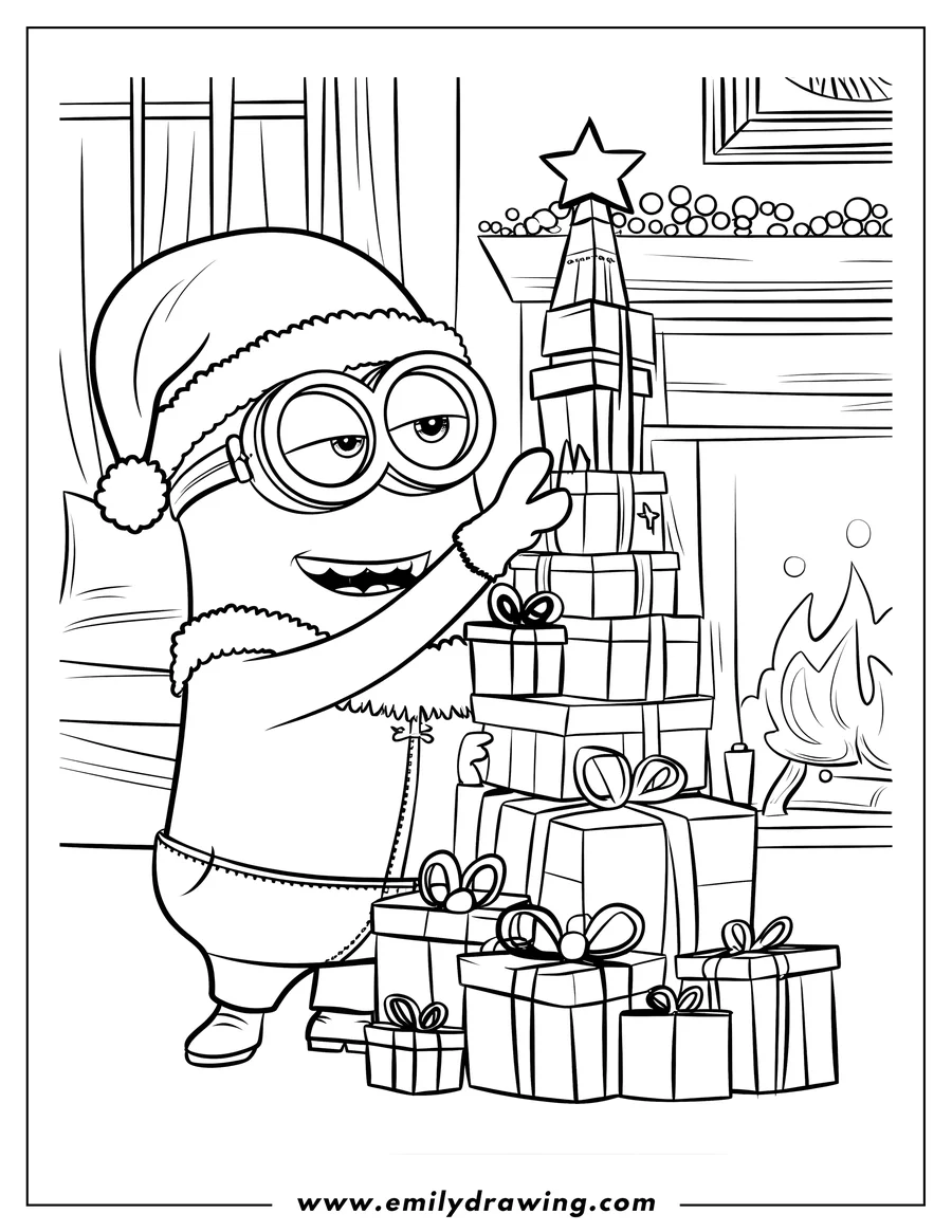 Line art of a Minion wearing a Santa hat and arranging a tall stack of Christmas presents near a fireplace.