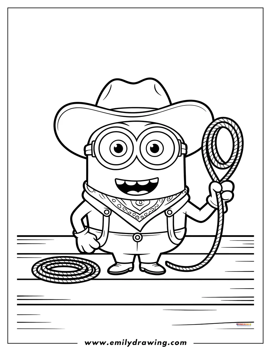 Outline of a Minion dressed as a cowboy, wearing a large hat, holding a lasso, with another coiled lasso at his feet.