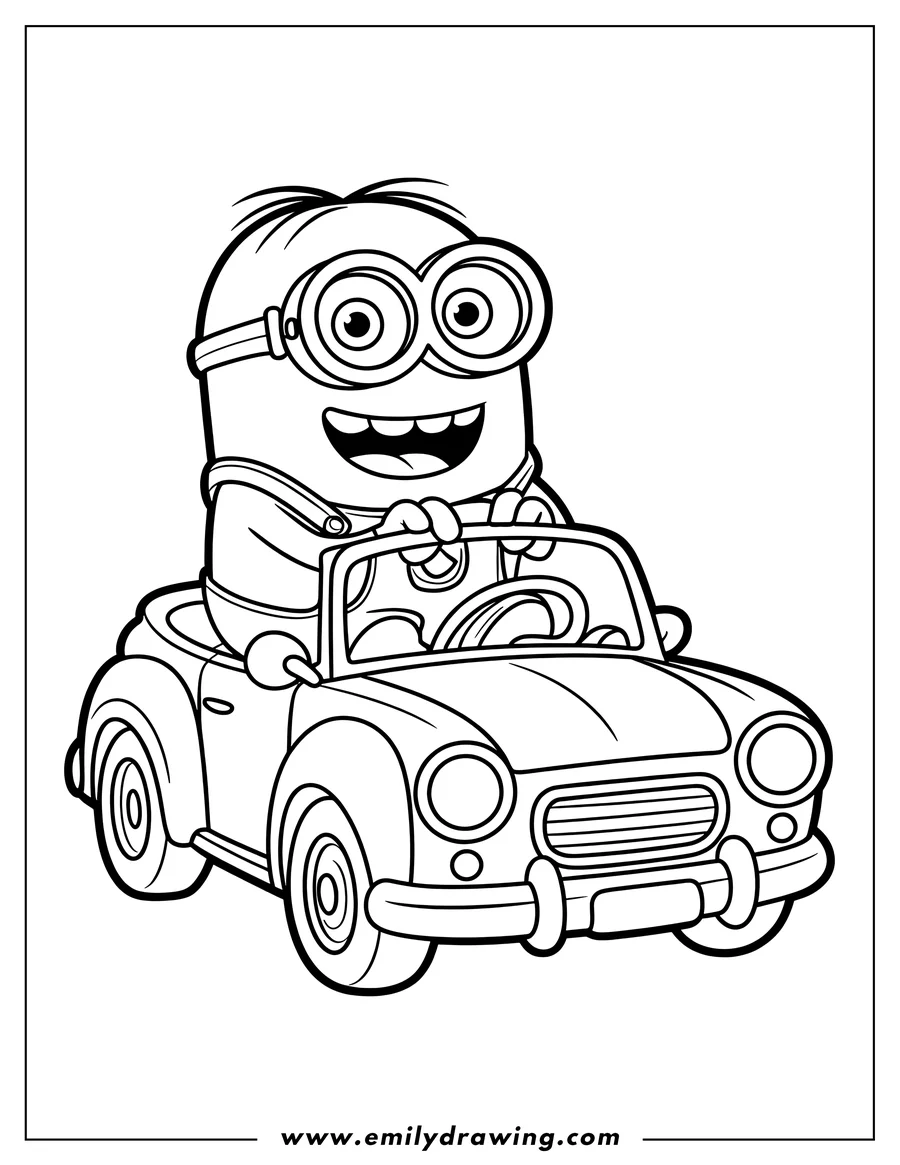 Outline of a Minion happily driving a convertible car.
