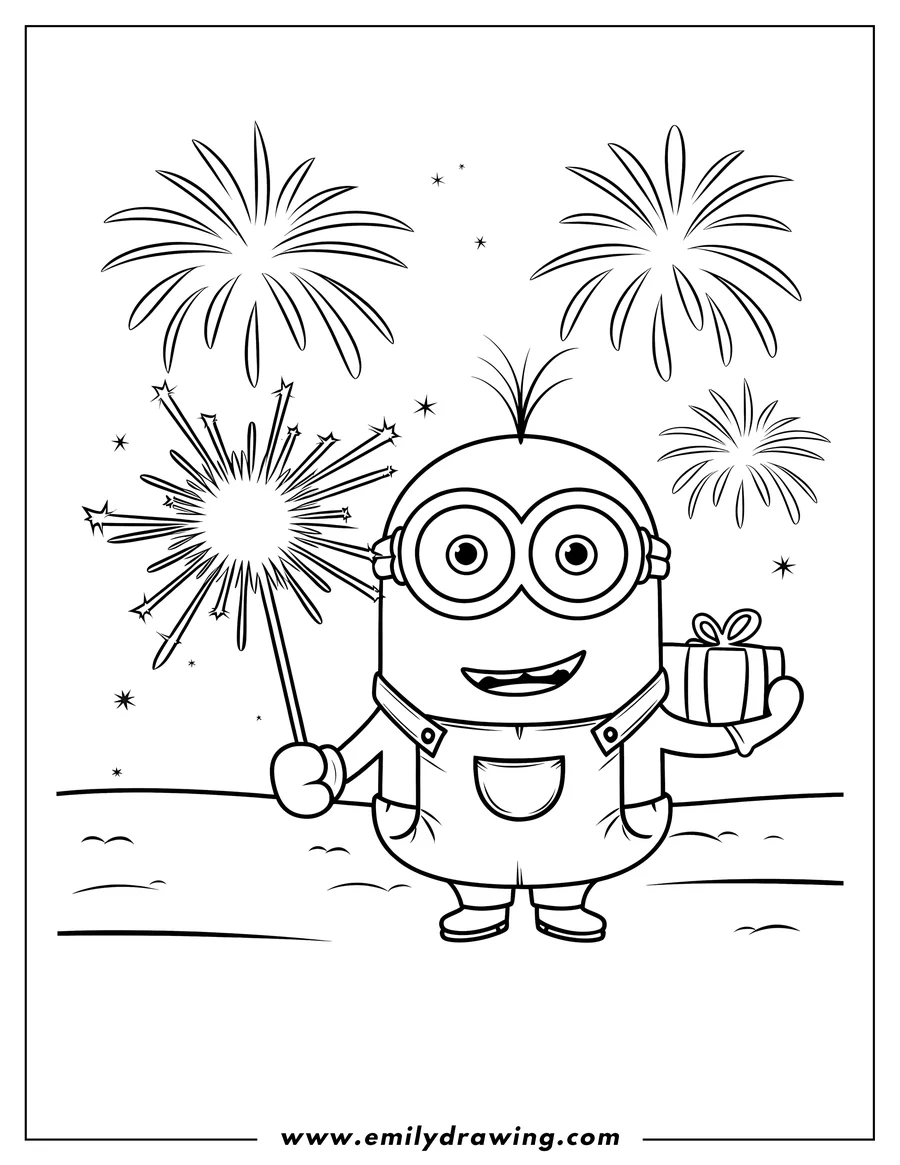 Line art of a Minion holding a sparkler and a gift, with fireworks in the background.