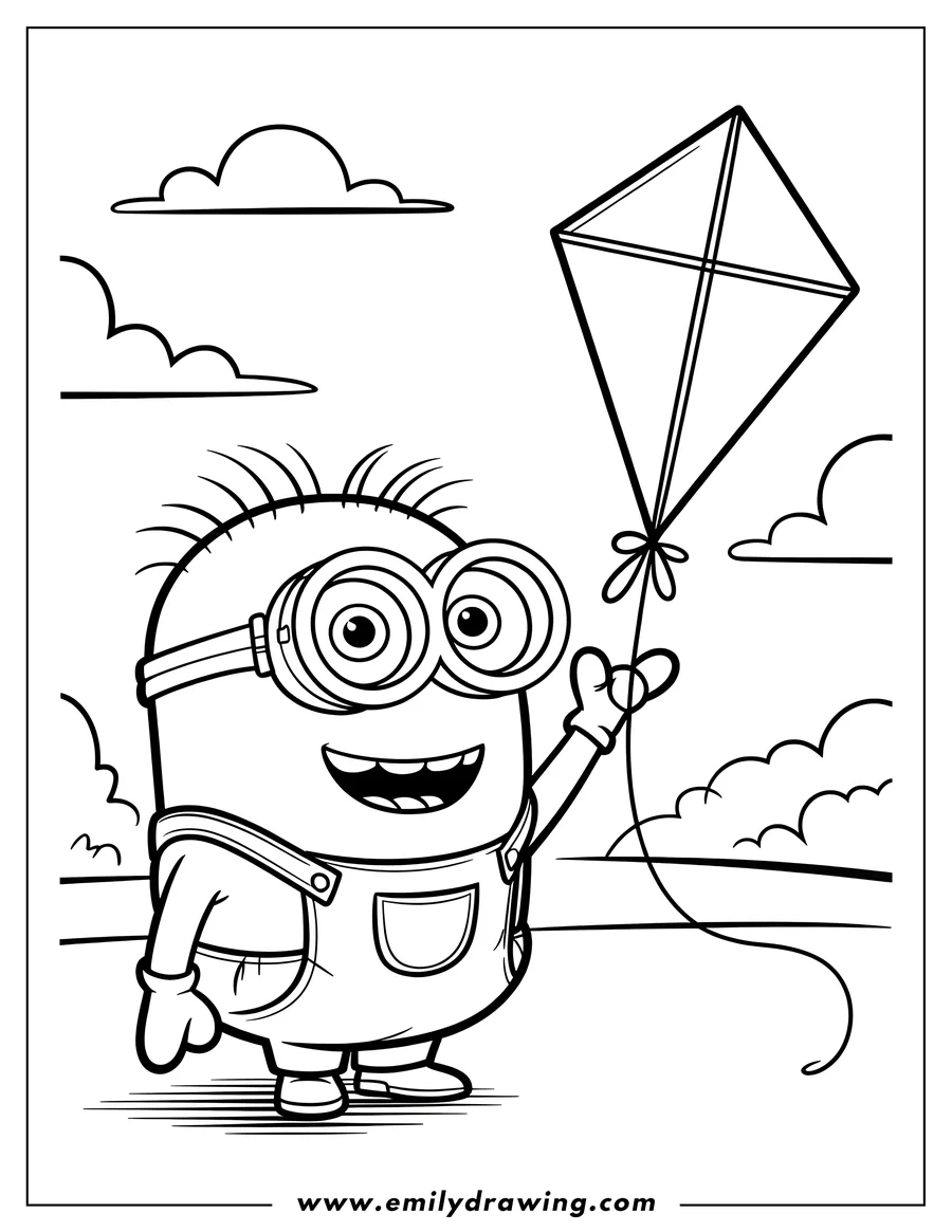 Line art of a minion from Despicable Me holding a kite string. The minion is smiling and wearing overalls. There are fluffy clouds in the background.
