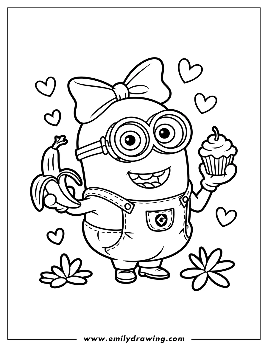 Line art of a girl minion holding a peeled banana and a cupcake, surrounded by small hearts and flowers.