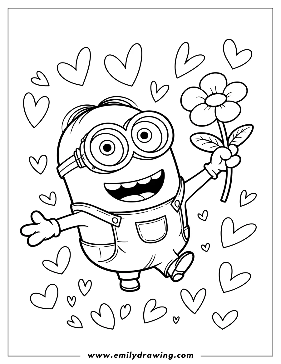 Outline of a minion holding a flower, surrounded by hearts. He appears cheerful and ready to give the flower as a gift.