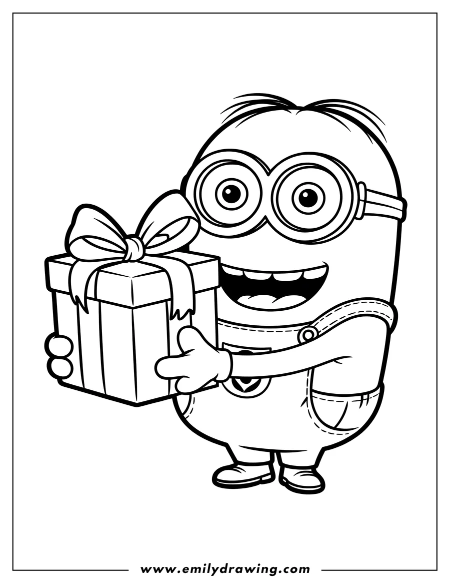 Line art of a minion holding a wrapped gift with a bow, smiling brightly.