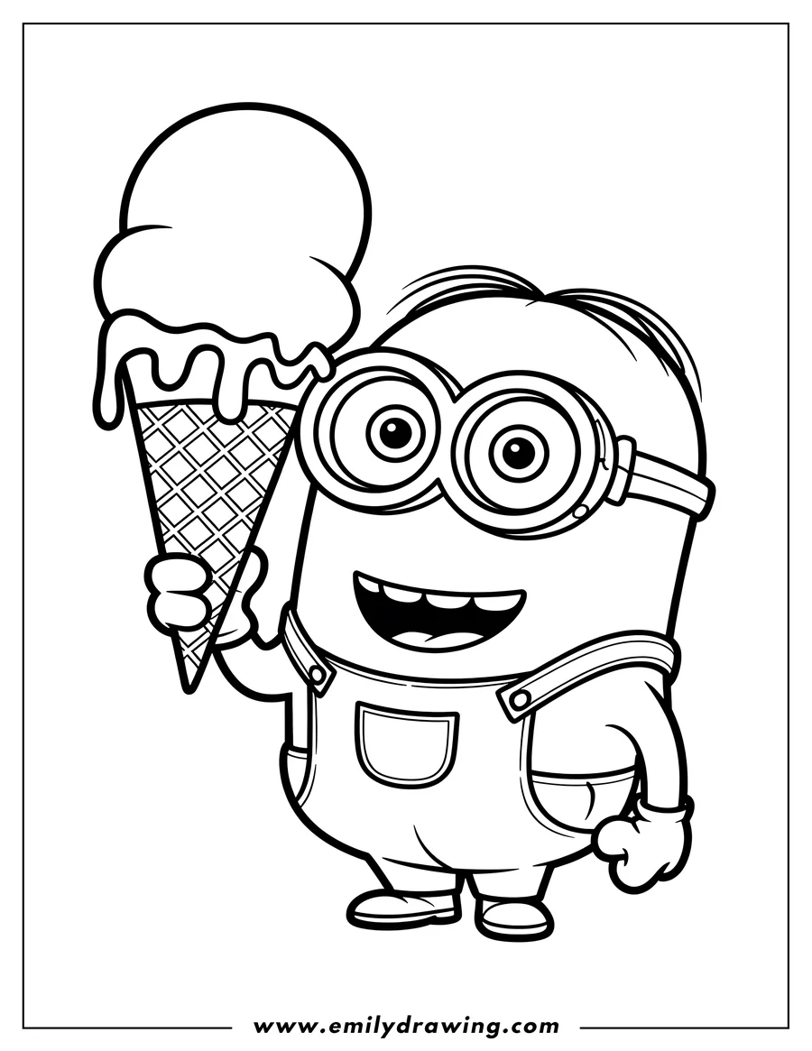 Line art of a minion holding a melting ice cream cone.  The minion is smiling and wearing overalls.