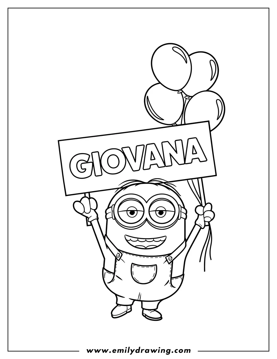 Line art of a minion holding a sign that says GIOVANA and a bunch of balloons.