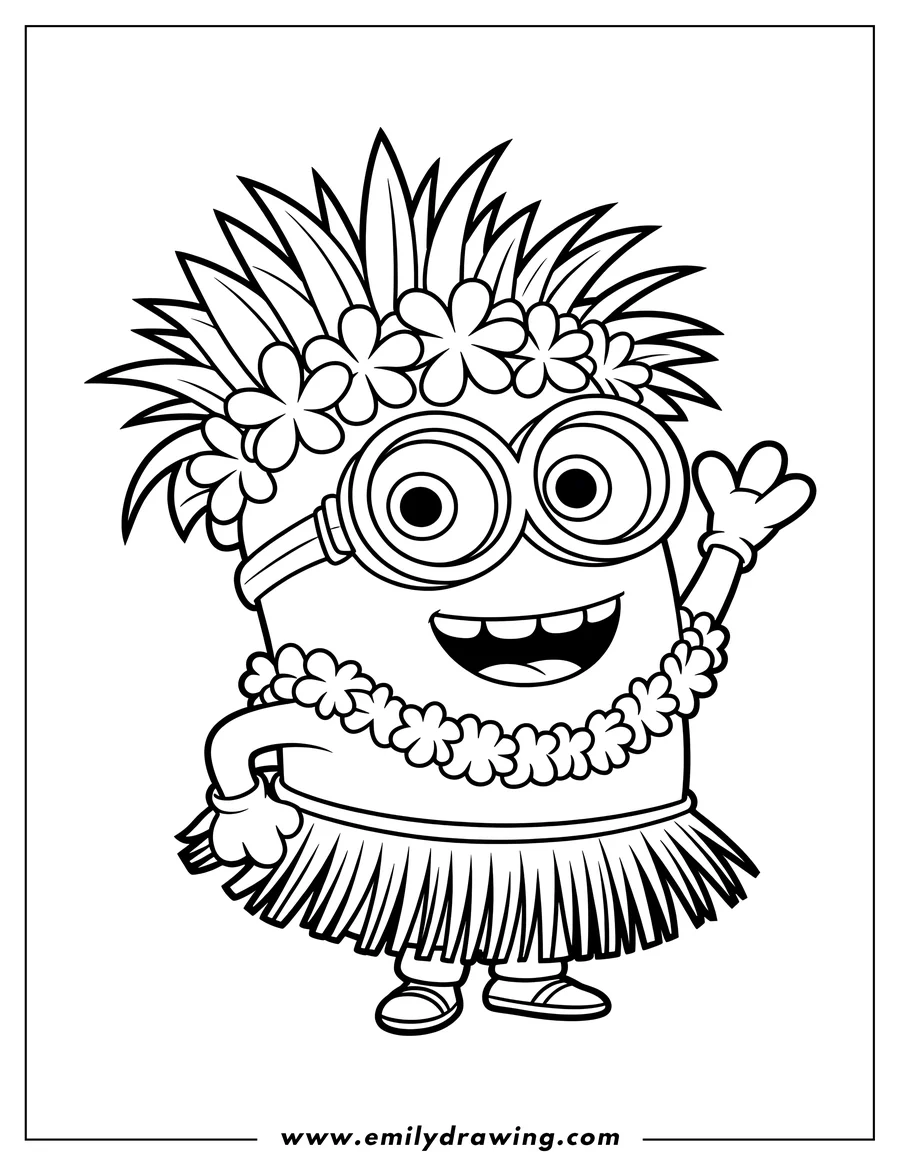 Line art of a minion wearing a hula skirt, lei, and a headpiece of grass and flowers. The minion is waving.