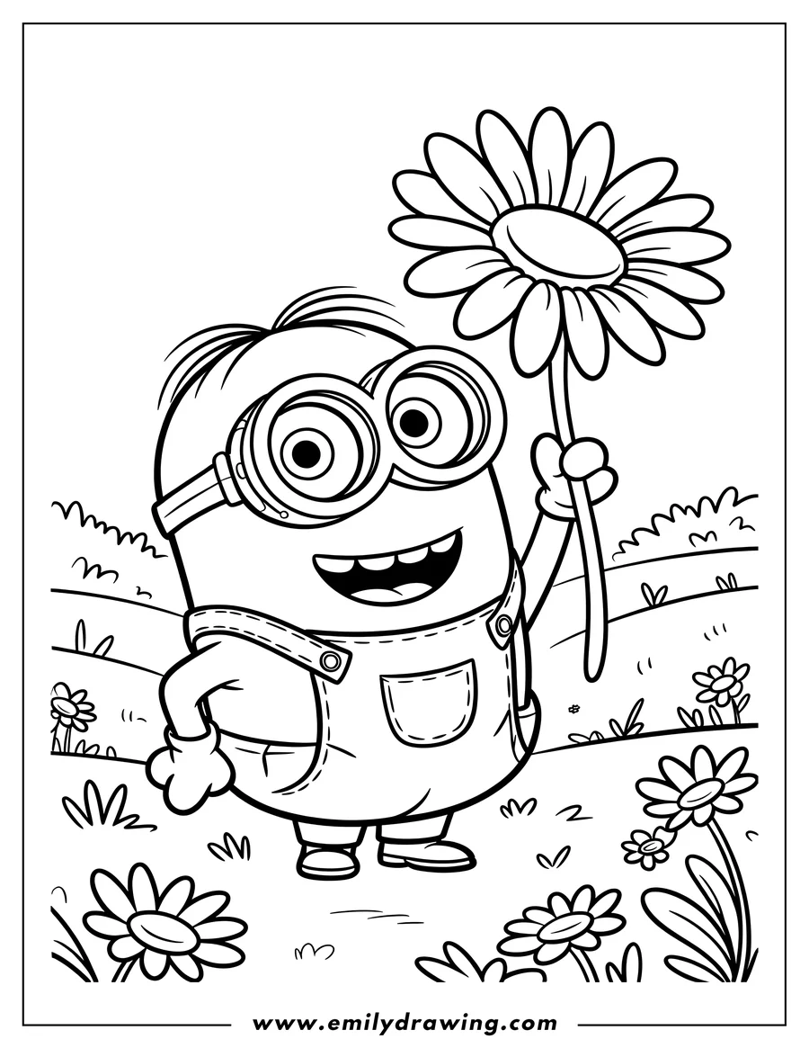 Line art of a smiling Minion standing in a garden of flowers, holding a large daisy.