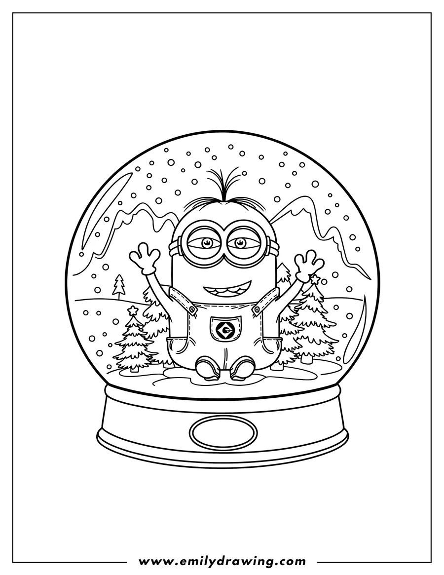 Outline of a minion inside a snow globe, waving. There are Christmas trees and snowy hills inside with him.