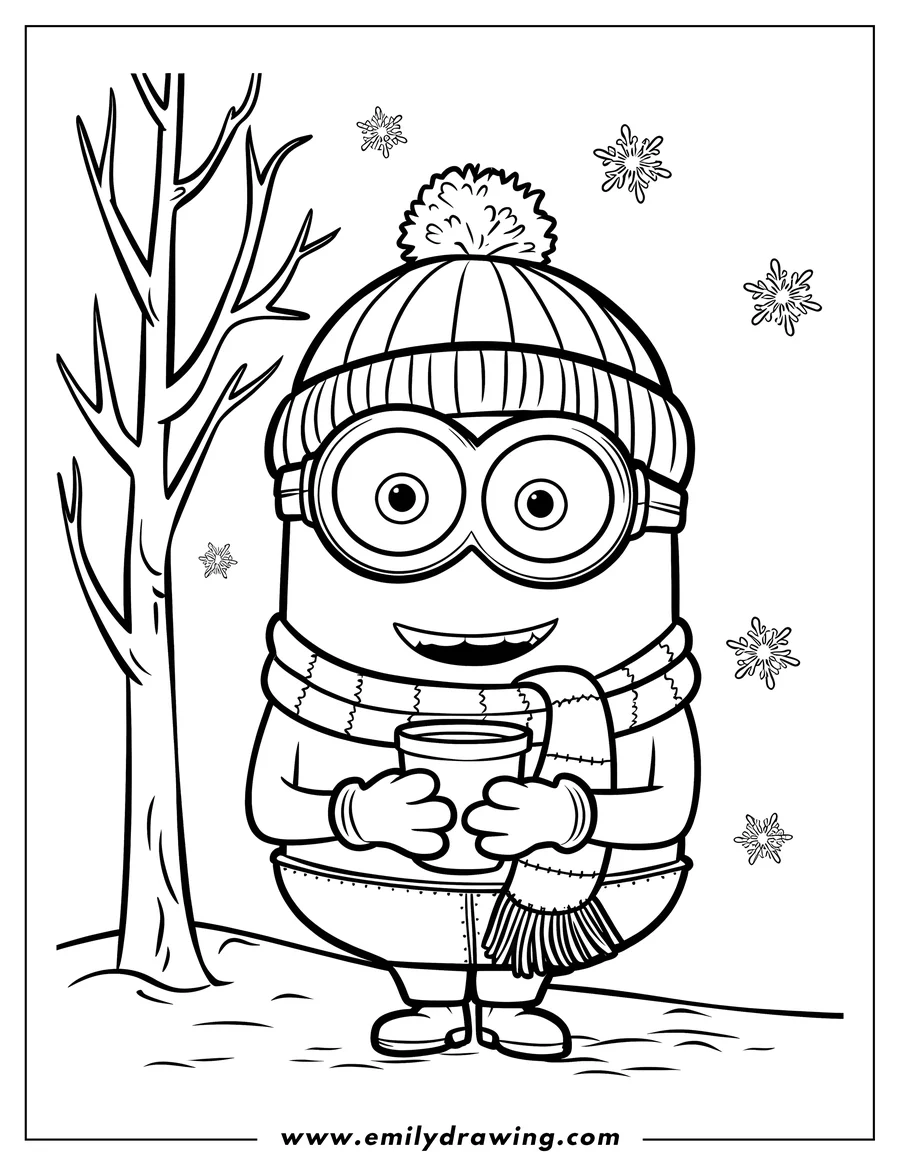 Line art of a minion wearing a winter hat, scarf, and mittens, holding a warm drink. Snowflakes fall gently around the minion and a bare tree stands in the background.