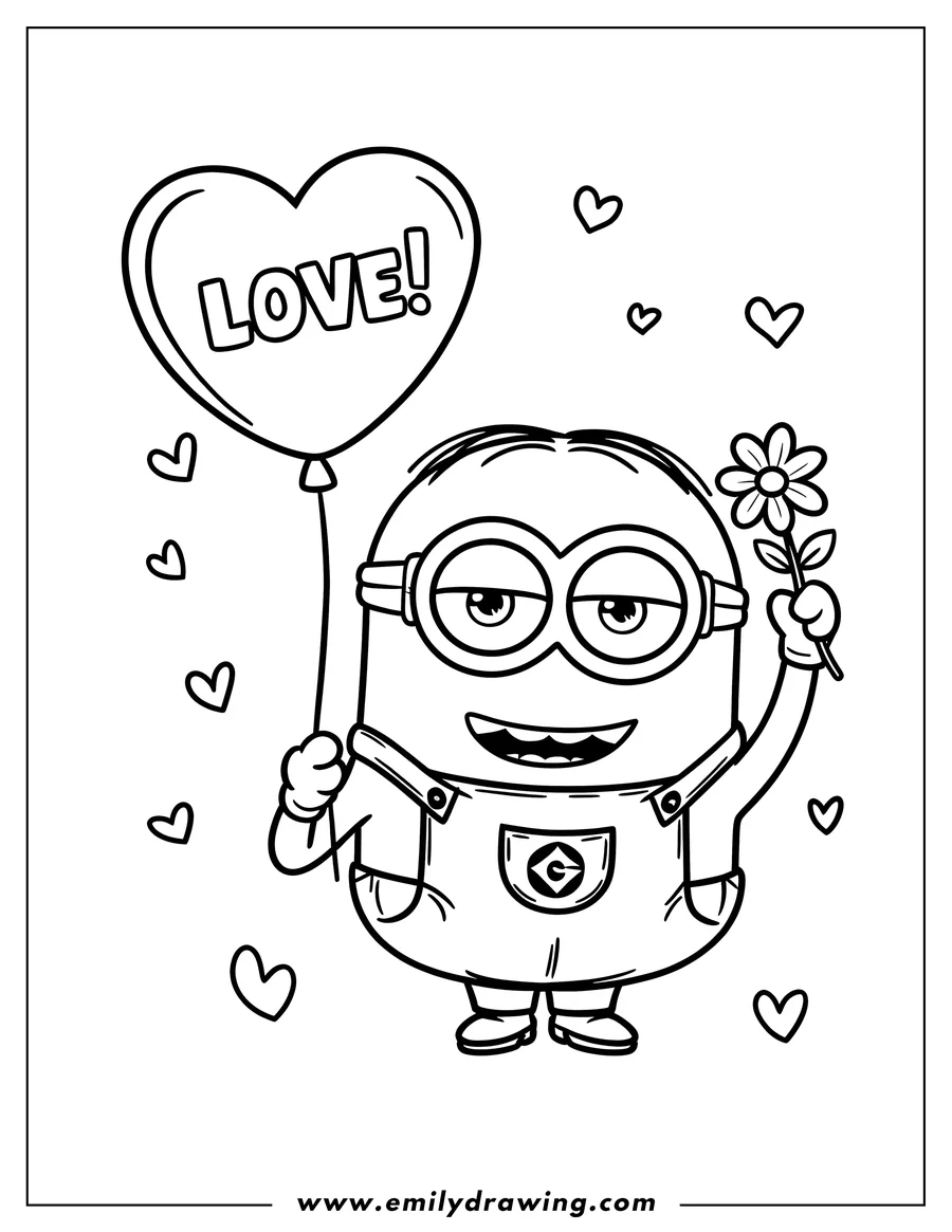Outline of a minion holding a heart-shaped balloon that says 'Love' and a small flower. He's dressed in his usual overalls and goggles.
