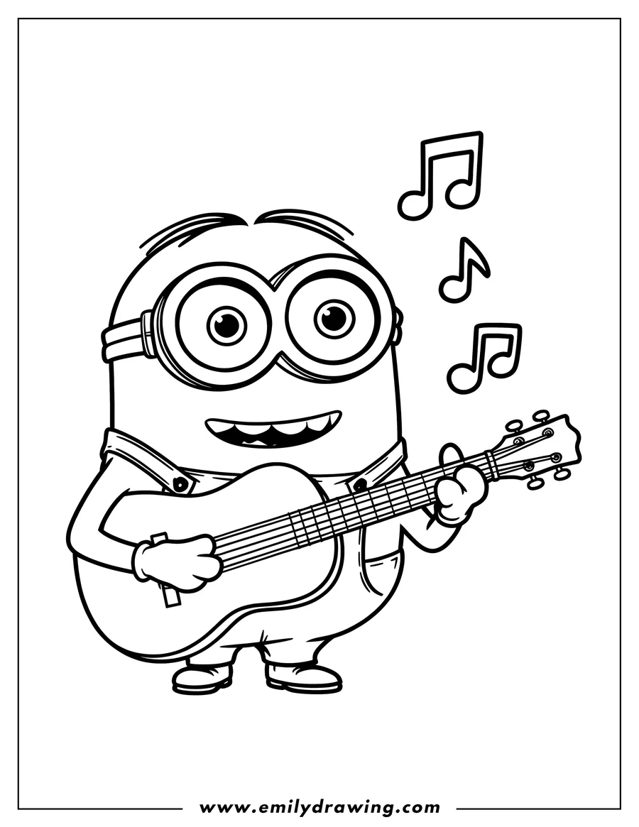 Line art of a Minion happily playing a guitar with musical notes floating above.