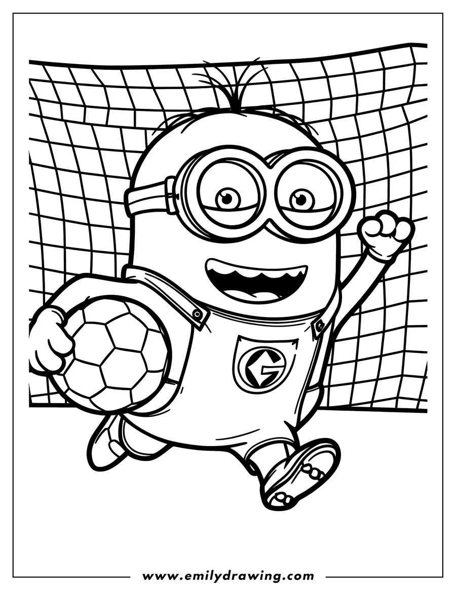 Line art of a minion playing soccer. He holds a soccer ball and is running towards the goal net.