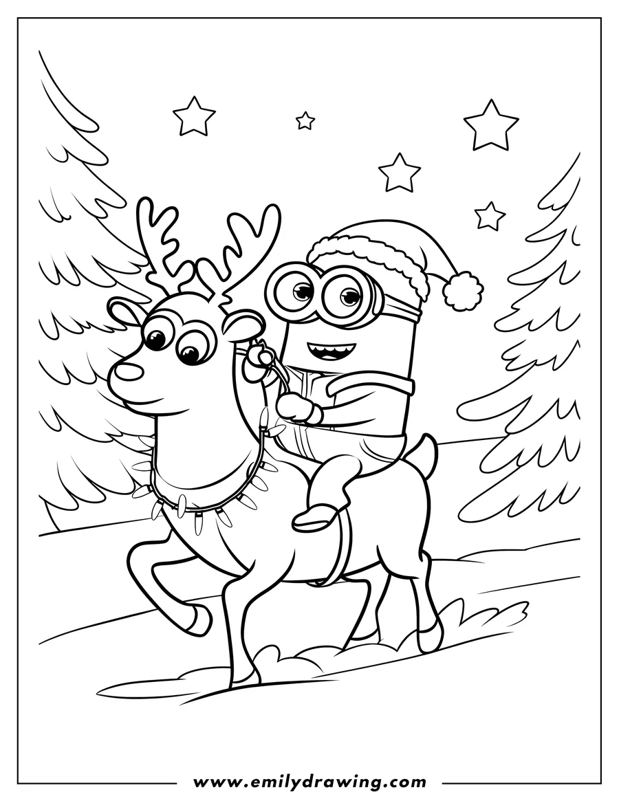 Outline of a Minion wearing a Santa hat and riding a reindeer through a snowy scene with Christmas trees.
