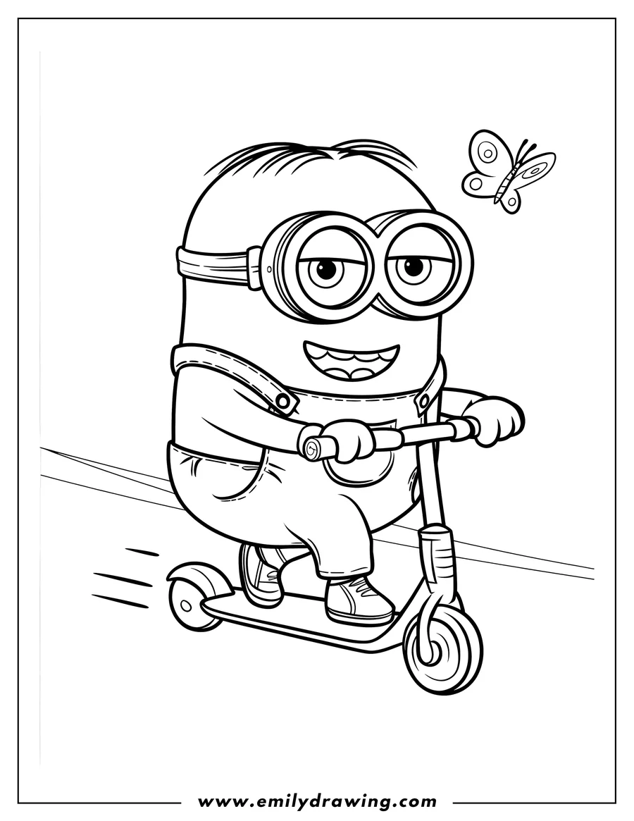 Outline of a minion riding a scooter with a butterfly nearby.