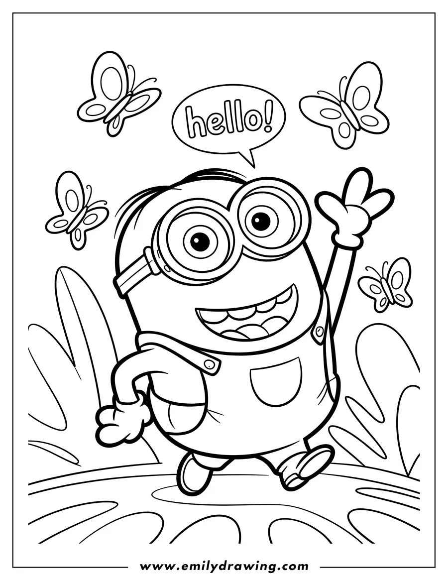 Line art of a minion waving and saying hello, surrounded by butterflies.