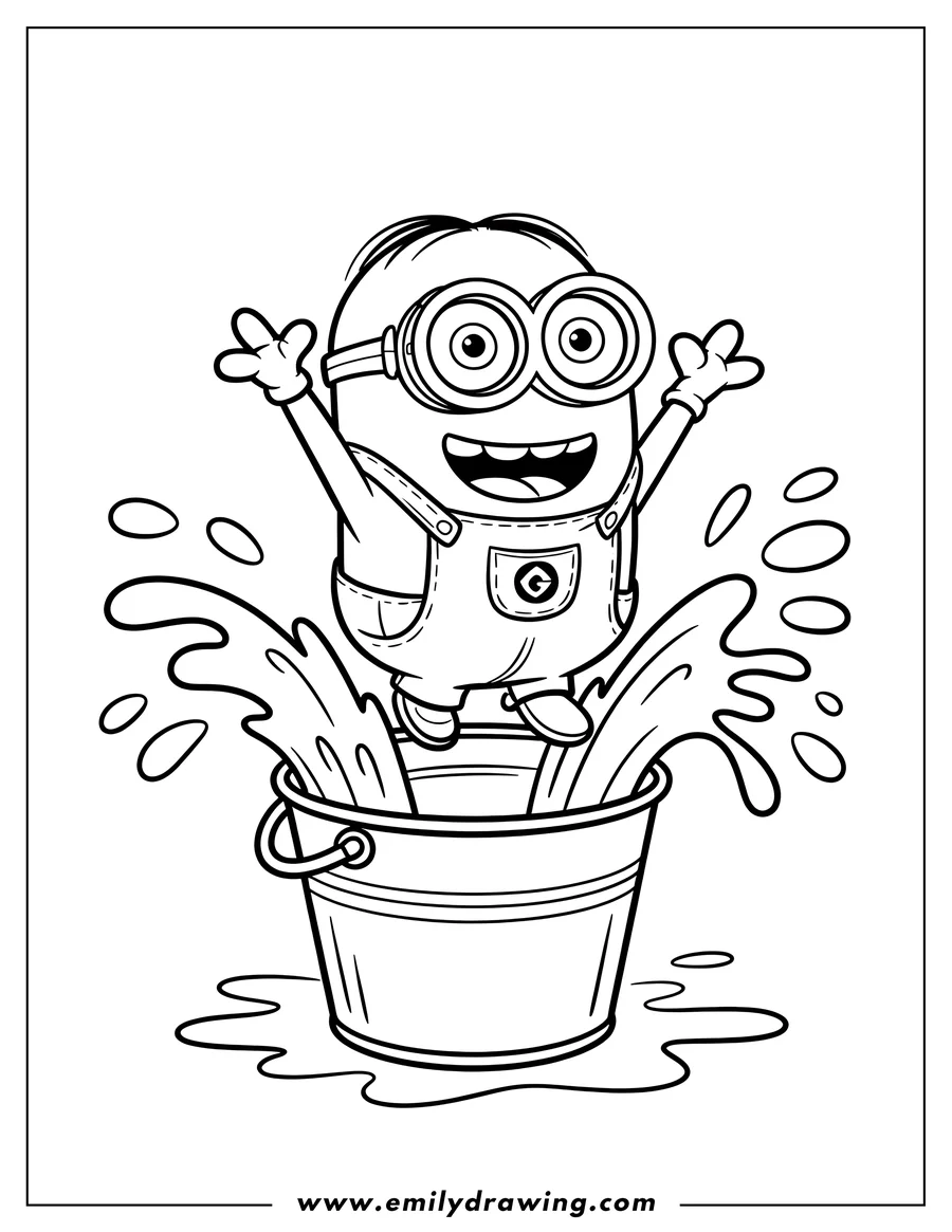 Line art of a Minion jumping and splashing in a bucket of water. He looks excited with arms raised high.