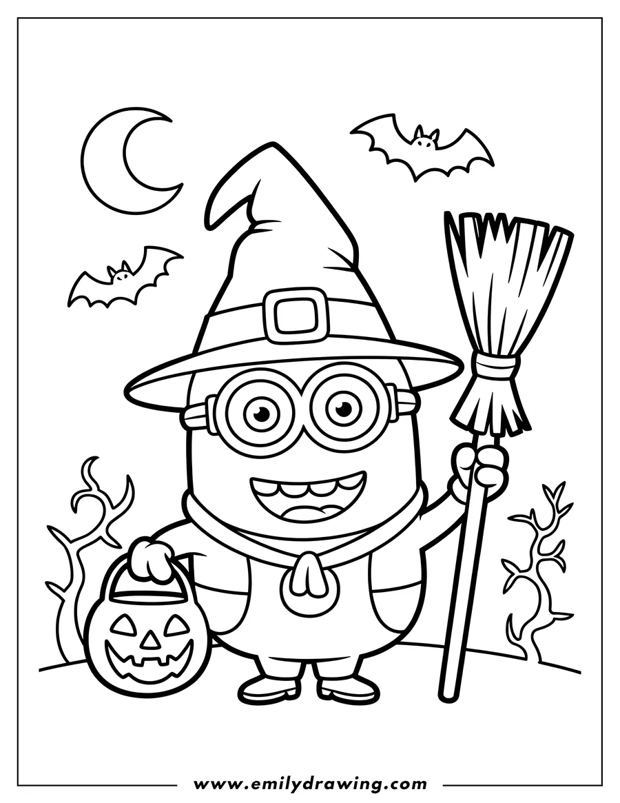Line art of a minion dressed in a witch costume with a pointy hat, holding a broom and a pumpkin treat basket for Halloween trick-or-treating under a crescent moon and bats.
