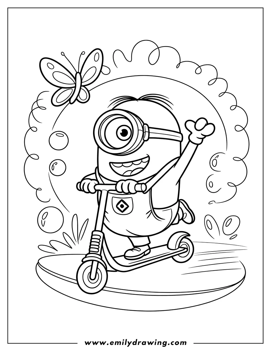 Outline of a minion happily waving while riding a scooter. A butterfly flits nearby.