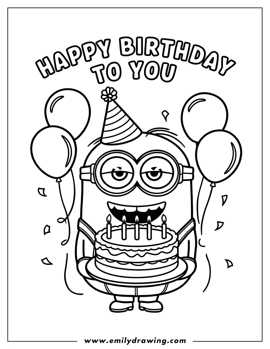 Line art of a Minion wearing a party hat and holding a birthday cake with lit candles.  He is surrounded by balloons and confetti.
